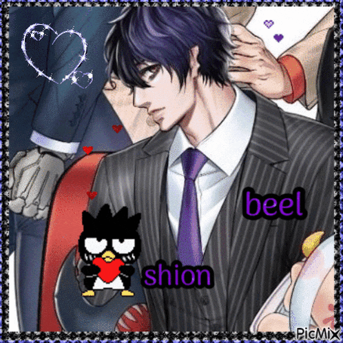 a picture of a man in a suit and tie with the name shion written on it