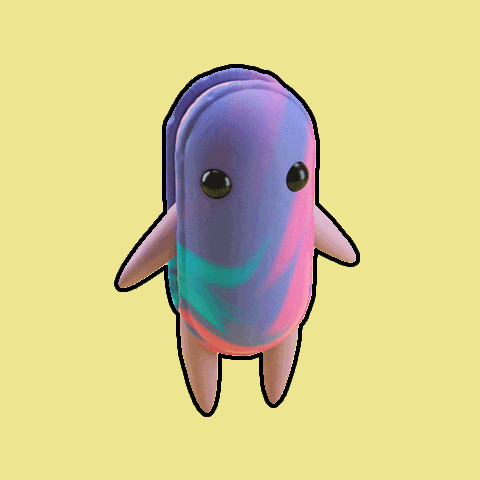 a cartoon character with a purple and pink striped body
