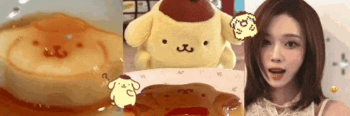 a woman is standing next to a stuffed animal and a picture of a pancake .