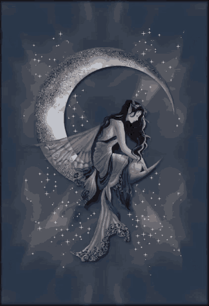 a fairy is sitting on a crescent moon in a dark sky