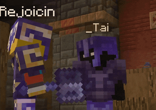 two purple minecraft characters are shaking hands and one has the name tai