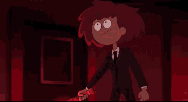 a cartoon character is holding a red light saber in a room .