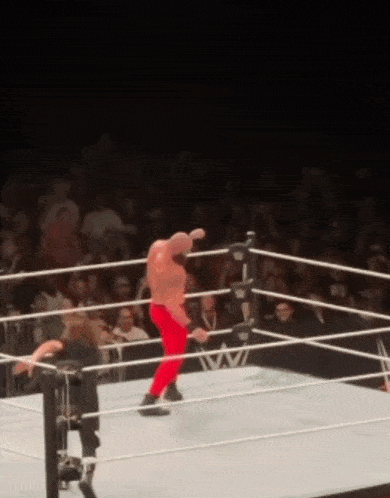 a man in red pants is in a wrestling ring with the letter w on the ropes
