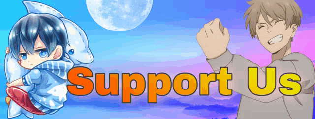 a boy with a dolphin and a man with a fist in the air with the words support us