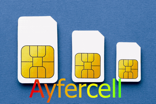 four different sized sim cards with the word ayfercell in red
