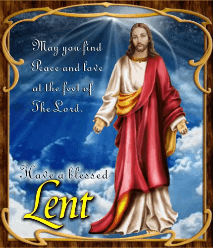 a picture of jesus with a quote that says may you find peace and love at the feet of the lord