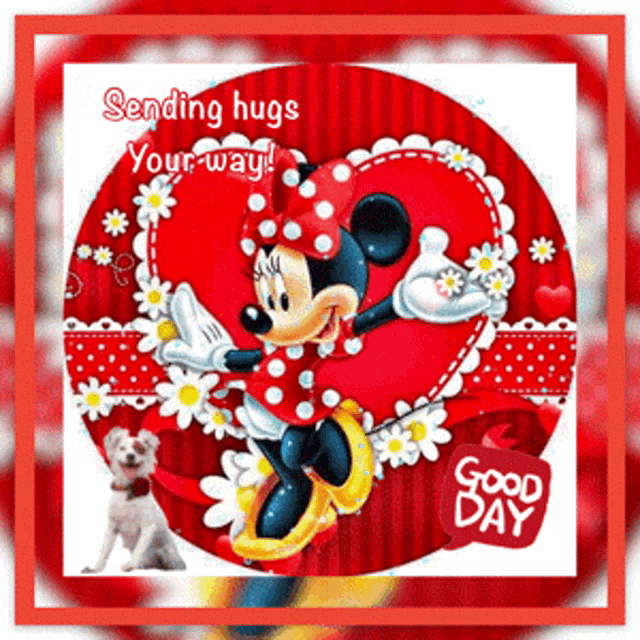 a picture of minnie mouse with the words sending hugs your way written on it