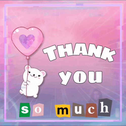 a thank you card with a white bear holding a balloon