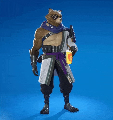 a raccoon with a purple sash around his waist is holding a cup of coca cola
