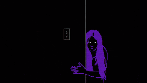 a pixel art drawing of a woman with purple hair and a red arm