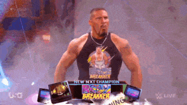 a man in a tank top that says brain breaker