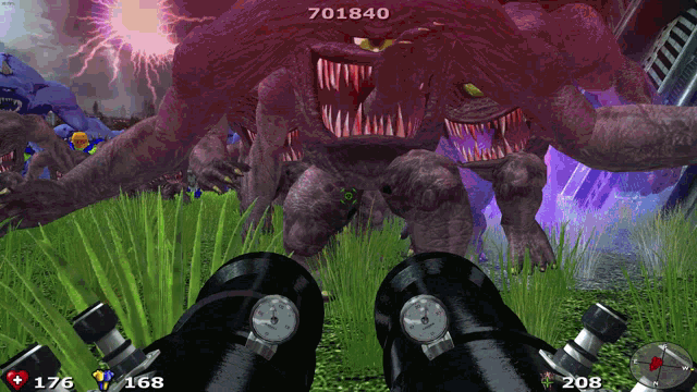 a video game screen shows a monster with the number 701840 on it