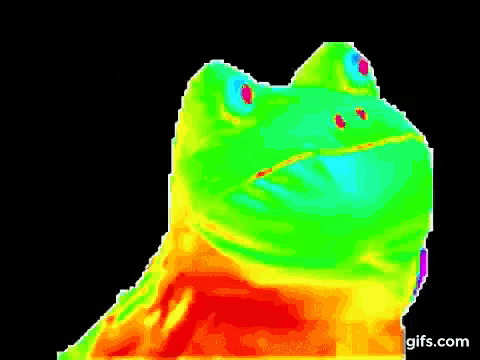 a pixel art of a frog with a rainbow of colors .