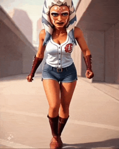 ahsoka tano from star wars is walking down the street wearing shorts and a baseball shirt .