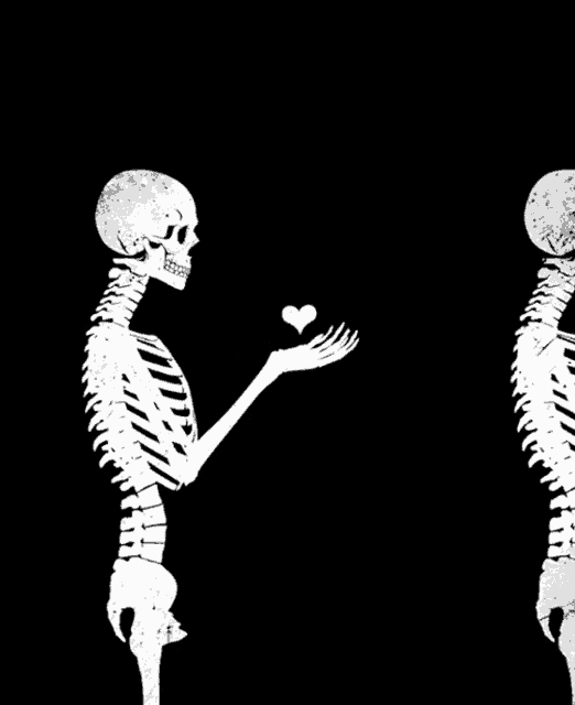 two skeletons are standing next to each other with one holding a heart