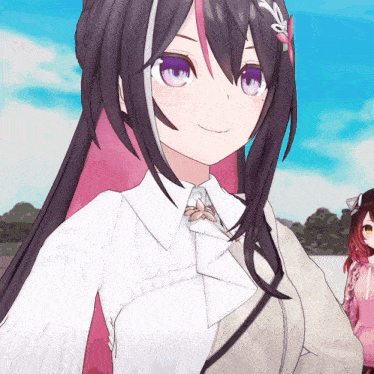 a close up of a girl with purple eyes and a white shirt