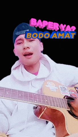 a man singing into a microphone while holding a guitar with the words baperya bodo amat above him