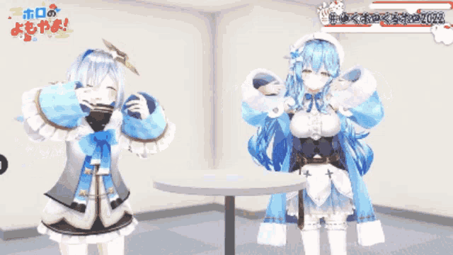two anime girls are standing next to each other in a room with chinese writing