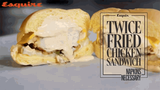 an advertisement for a twice fried chicken sandwich that is napkins necessary
