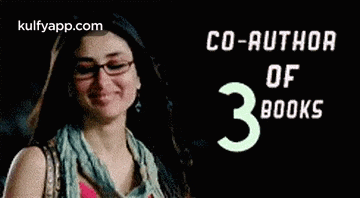 a woman wearing glasses and a scarf is smiling in front of a poster that says co-author of 3 books .