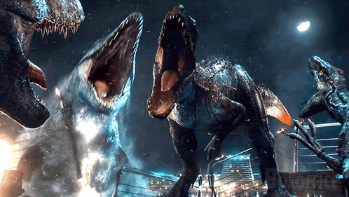 a t-rex with its mouth open is surrounded by other dinosaurs in a scene from the movie jurassic world