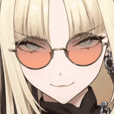 a close up of a blonde anime girl wearing round sunglasses