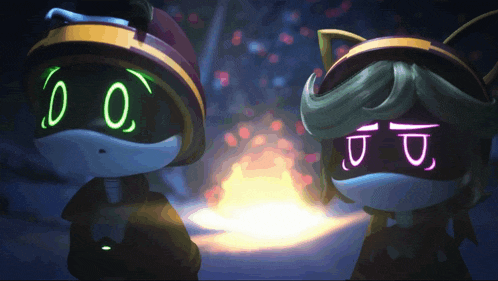 a couple of cartoon characters standing next to each other with their eyes glowing in the dark