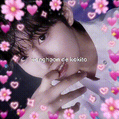 a close up of a person surrounded by pink hearts and flowers with the words yanghoon de kakito