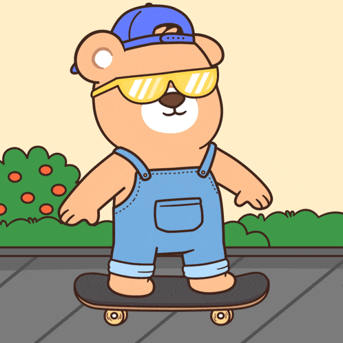 a cartoon of a teddy bear wearing overalls and sunglasses riding a skateboard