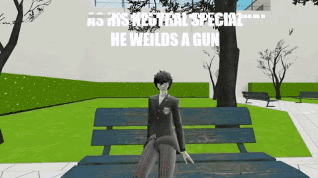 a man in a suit is standing next to a bench in a park