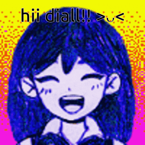 a drawing of a girl laughing with the words hi diall written below her