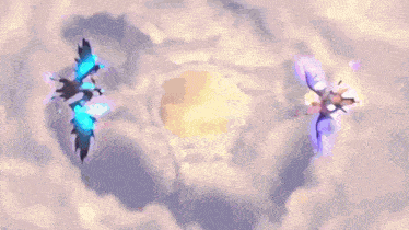 a dragon with a sword and a bat with wings is flying in the sky