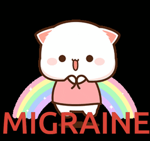 a cartoon cat is standing in front of a rainbow with the word migraine written below it
