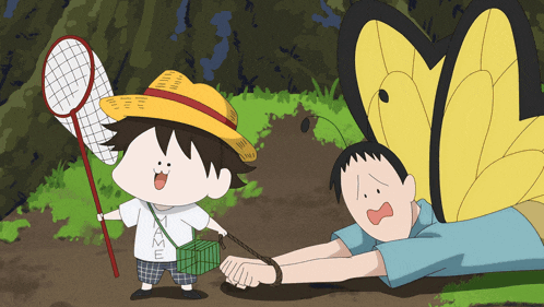 a cartoon of a boy holding a butterfly net next to a man with wings