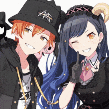a boy and a girl are posing for a picture and the boy is wearing a hat that says abx