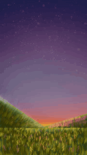 a painting of a field of flowers with a purple sky in the background