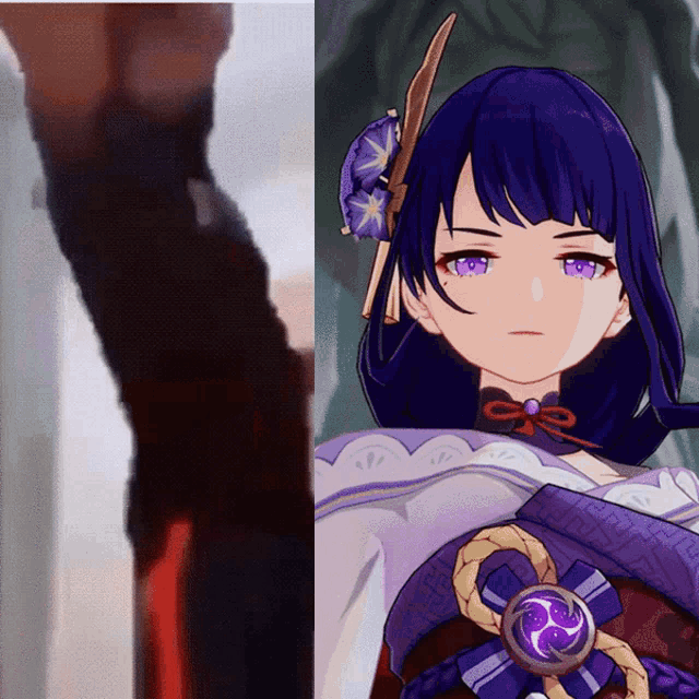 a picture of a person 's arm next to a picture of a girl with purple hair and a flower in her hair