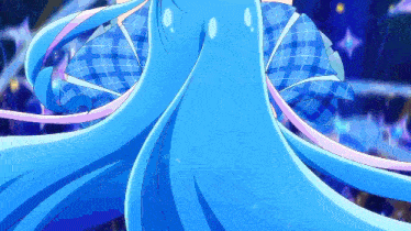 a close up of a blue haired anime character