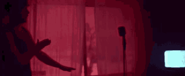 a man is standing in front of a microphone in a dark room with red curtains .