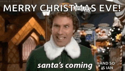 a man in a christmas elf costume is smiling and saying `` merry christmas eve ! ''