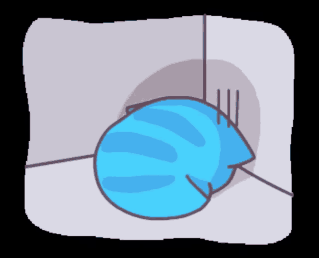a cartoon of a blue cat sitting in a corner .