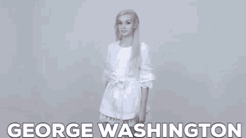 a woman in a white dress is standing in front of a white background with the name george washington on it