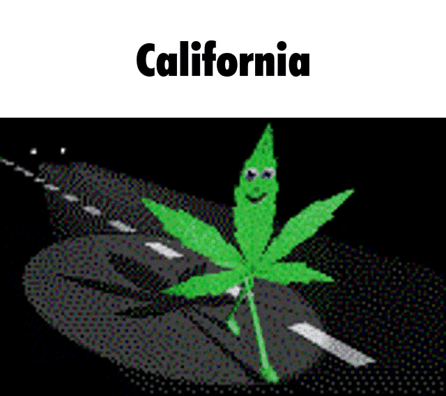 a marijuana leaf with a face is sitting on the side of the road in california