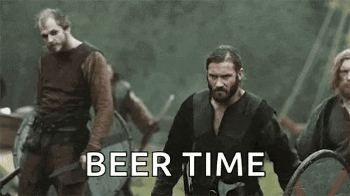 a group of vikings are standing in a field with shields and swords .