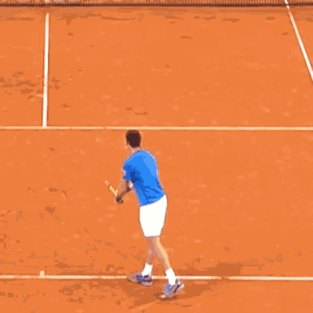 a man in a blue shirt is holding a tennis racquet on a court