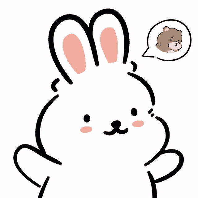 a drawing of a rabbit with a teddy bear in a speech bubble behind it