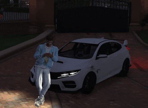 a man in a blue jacket stands next to a white car in a video game scene