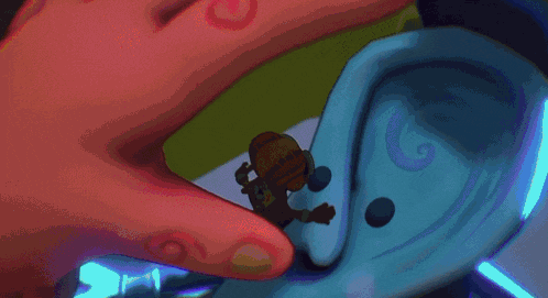 a cartoon character is flying through a purple and pink circle .