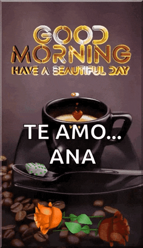 a picture of a cup of coffee with the words " good morning have a beautiful day te amo ana "
