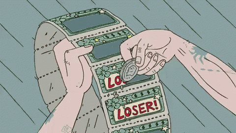 a cartoon drawing of a person putting a coin into a roll of loser tickets